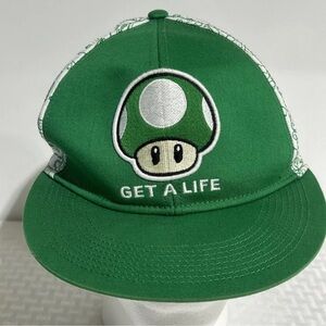 Super Mario 2011 Nintendo GREEN Get A Life  Mushroom S/M 14+ Hat PREOWNED FITTED